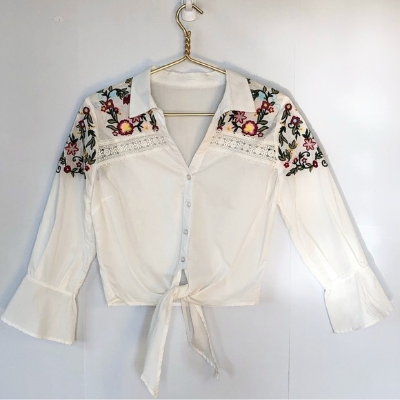 White front tie cropped shirt with multi colored floral embroidery flared sleeve - Picture 1 of 7